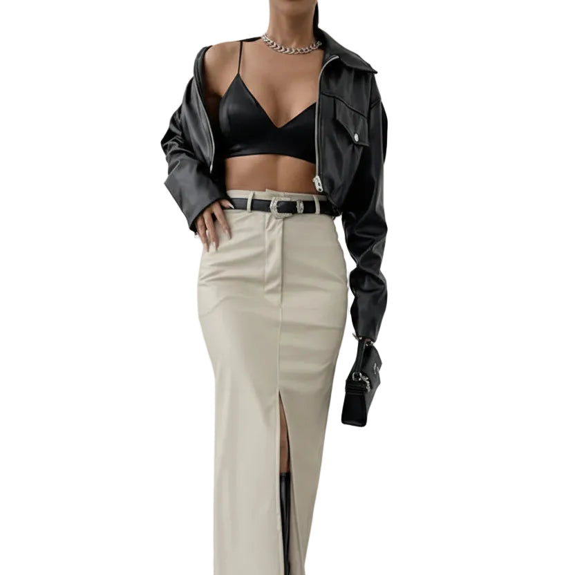 Jupe Longue en Cuir PU Taille Haute Femme – Style Slim Monochrome Élégant