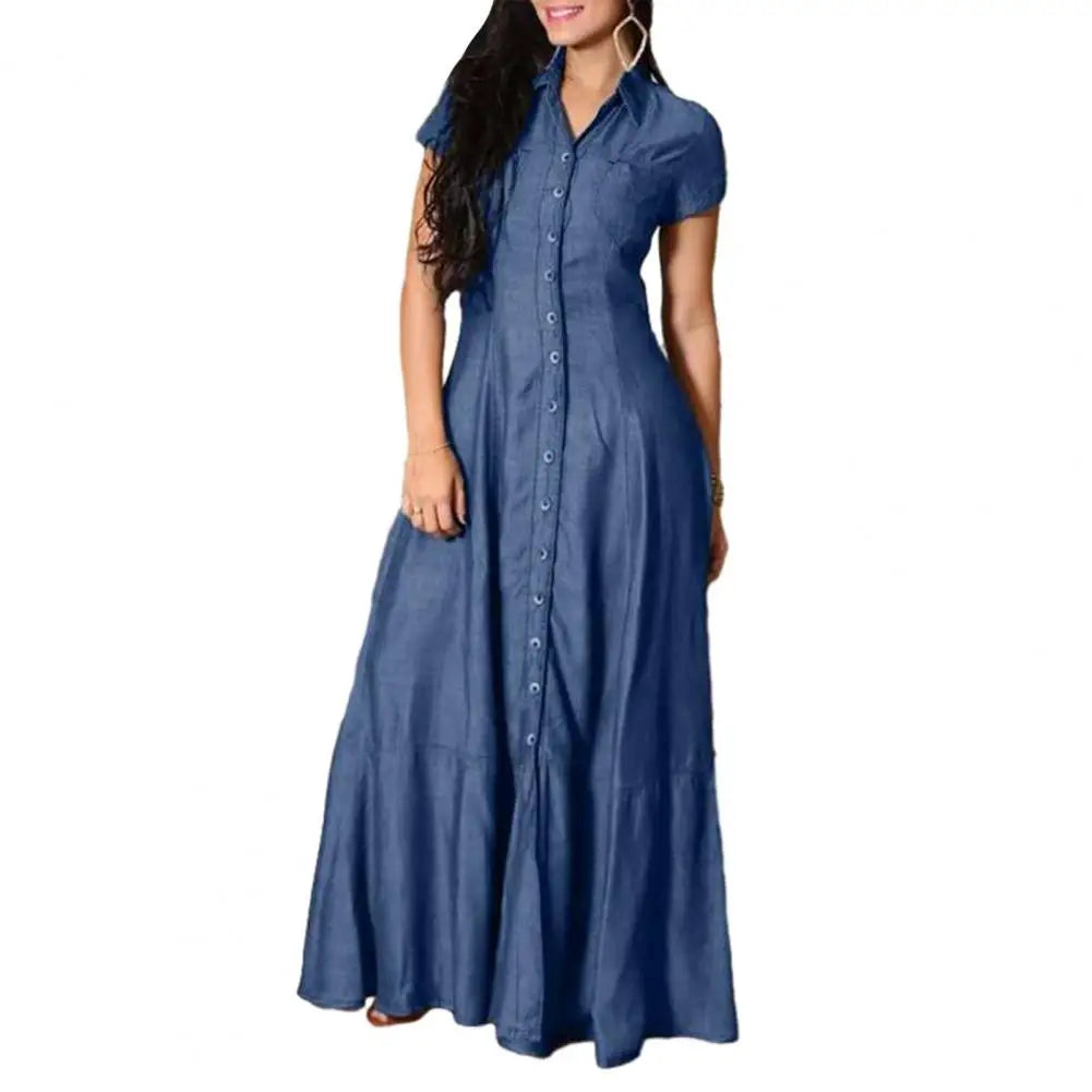Robe en jean élégante pour femme avec ourlet à volants et poches plaquées