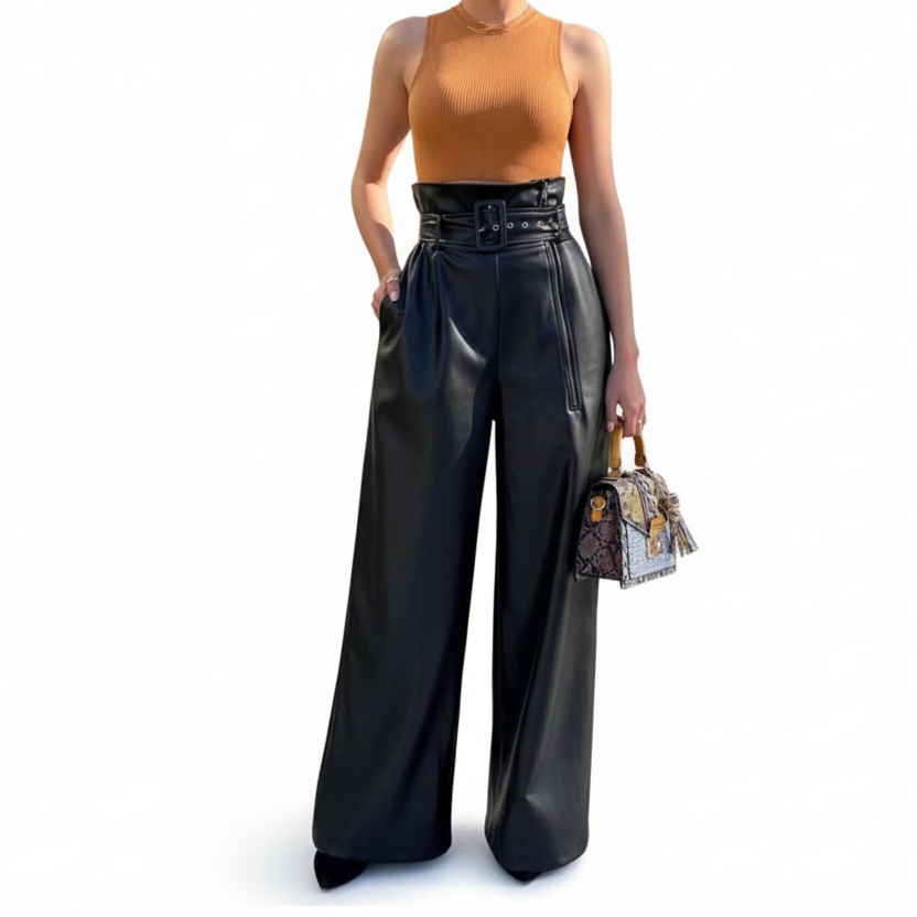 Pantalon taille haute en cuir PU pour femme – coupe large streetwear décontractée