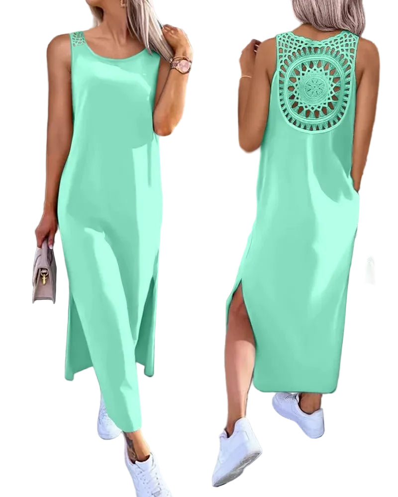 Robe longue en dentelle fente ajourée pour femme