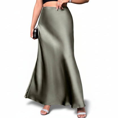 Jupe Midi Trapèze en Satin Effet Soie – Taille Haute Queue de Sirène Femme
