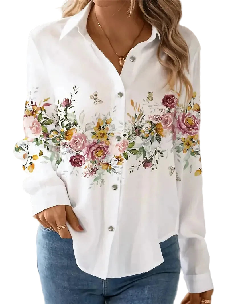 Chemise florale à manches longues pour femme – coupe slim sexy