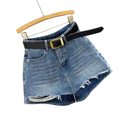 Jupe-short en jean déchiré taille haute pour femme – Denim slim style streetwear