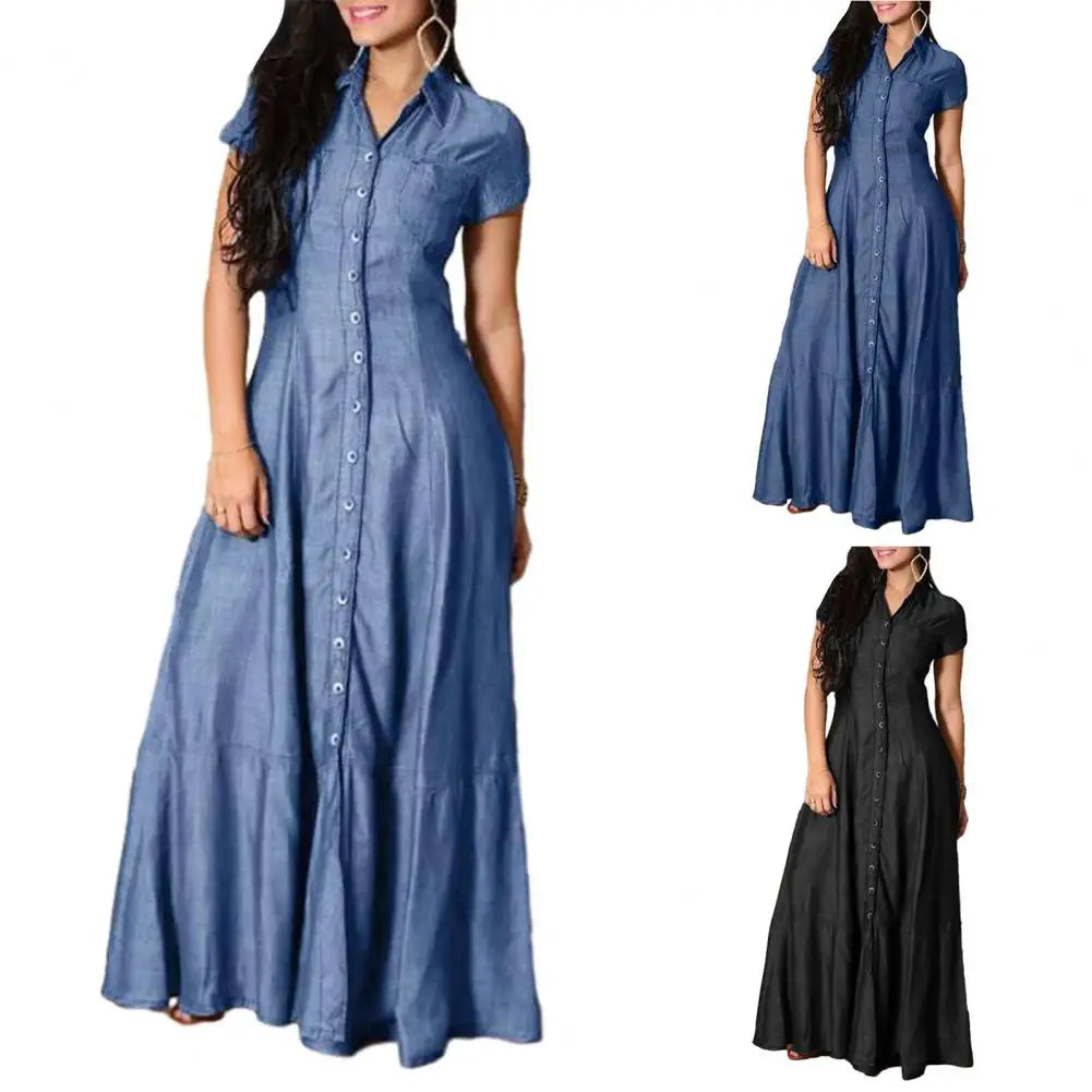 Robe en jean élégante pour femme avec ourlet à volants et poches plaquées