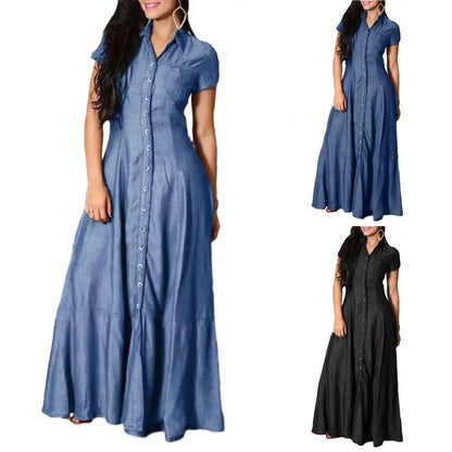 Robe en jean élégante pour femme avec ourlet à volants et poches plaquées
