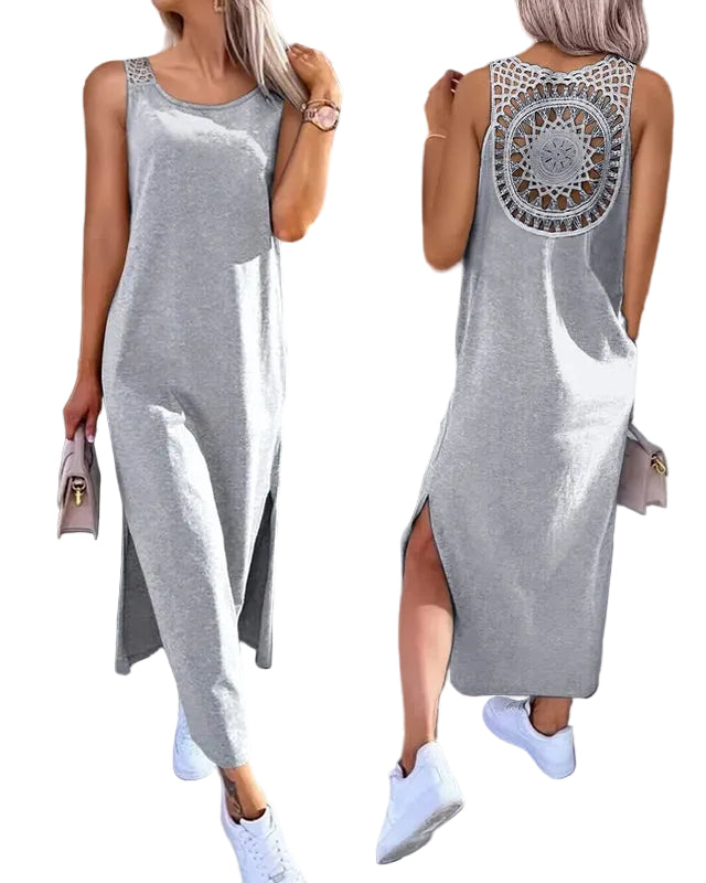 Robe longue en dentelle fente ajourée pour femme