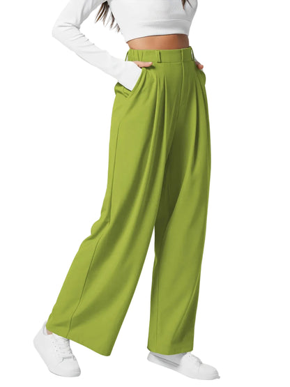 Pantalon plaid femme taille haute – coupe large effet minceur avec poches, style casual