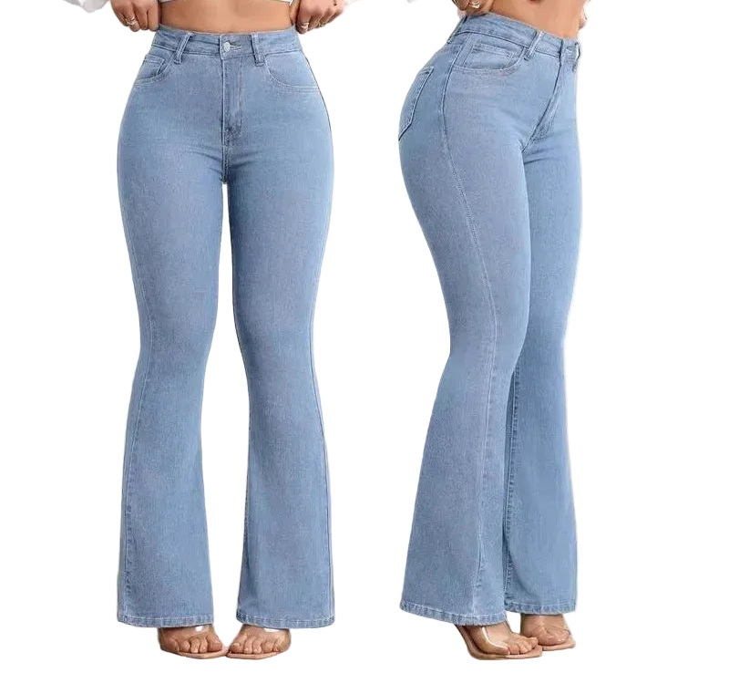 Jean taille haute amincissant élastique rehausse-fesses micro évasé pour femme