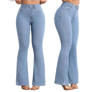 Jean taille haute amincissant élastique rehausse-fesses micro évasé pour femme