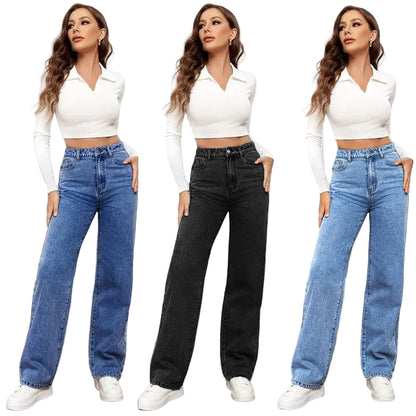 Jeans taille haute à jambe droite pour femmes, coupe décontractée et ample