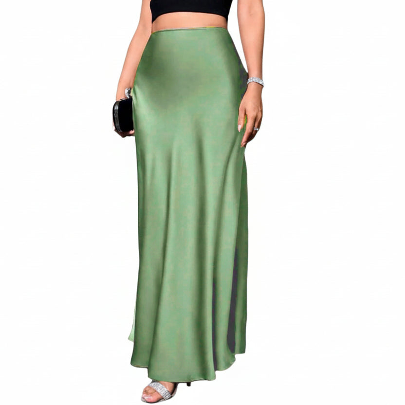 Jupe Midi Trapèze en Satin Effet Soie – Taille Haute Queue de Sirène Femme