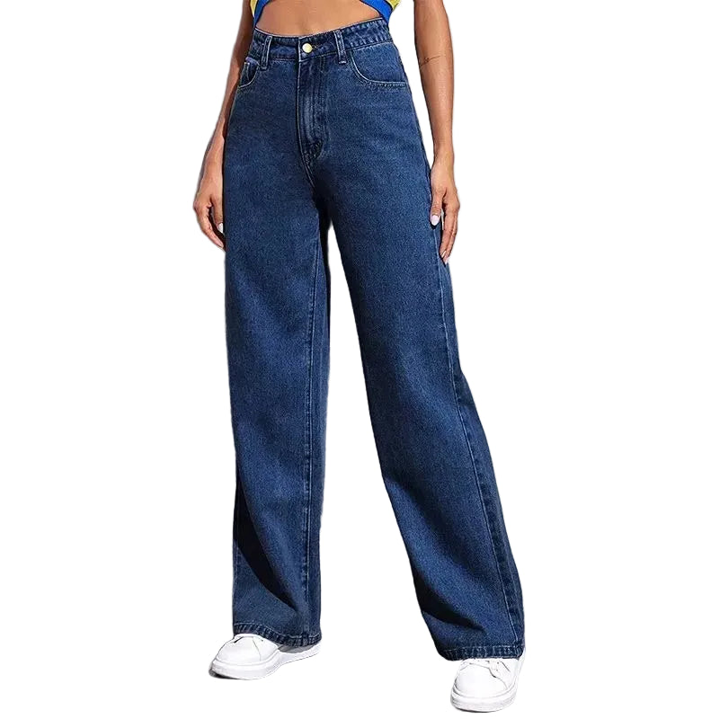 Jeans taille haute à jambe droite pour femmes, coupe décontractée et ample