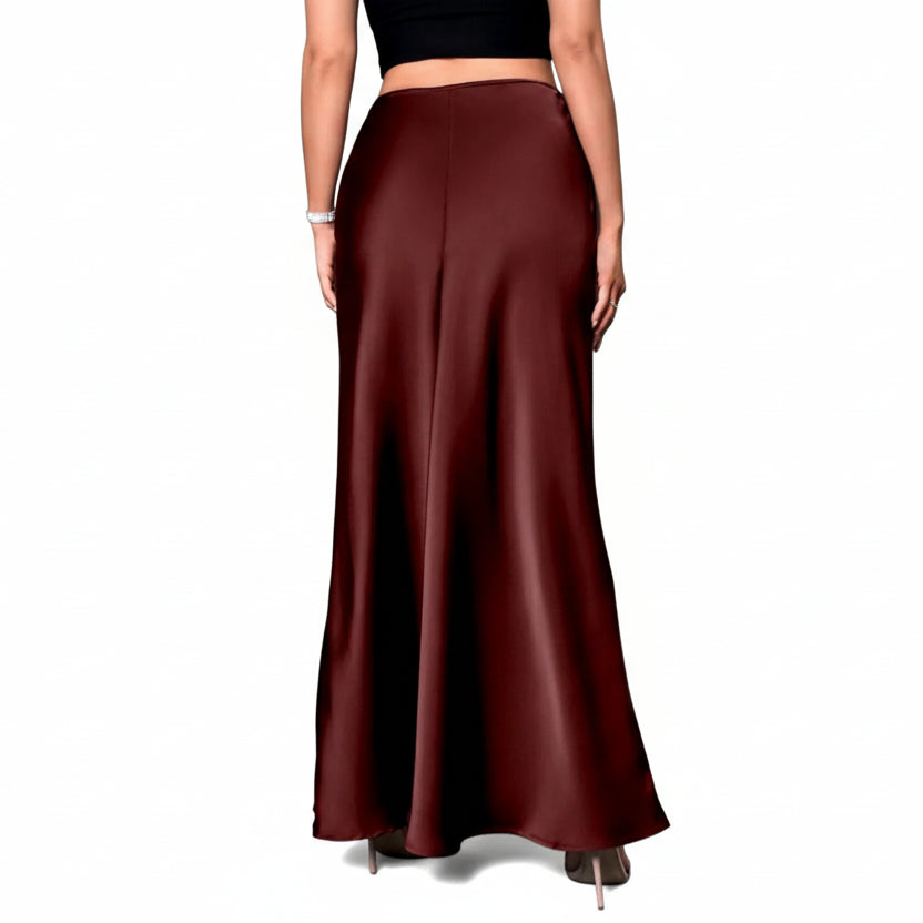 Jupe Midi Trapèze en Satin Effet Soie – Taille Haute Queue de Sirène Femme