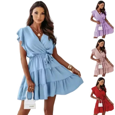 Robe Trapèze Élégante Femme – Col V et Manches Courtes