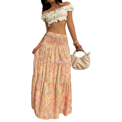 Jupe Longue Bohème Imprimée Taille Haute – Coupe Trapèze Superposée