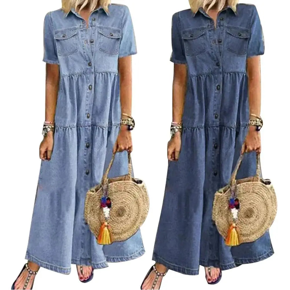 Robe longue en denim style rétro chic à boutons et coupe fluide