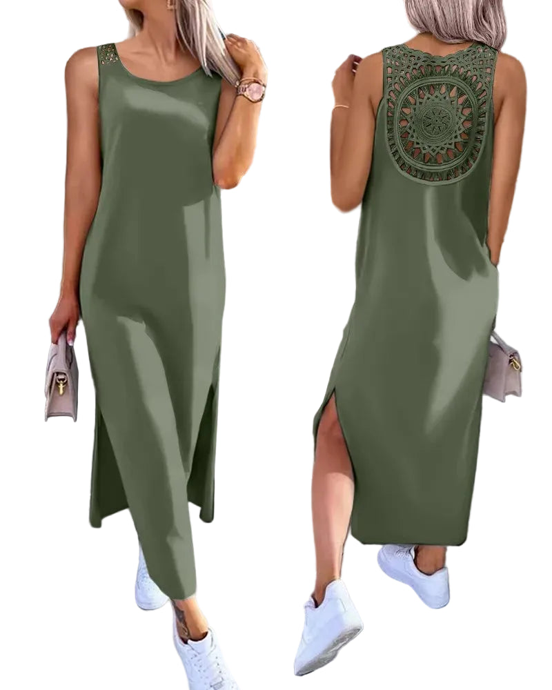 Robe longue en dentelle fente ajourée pour femme