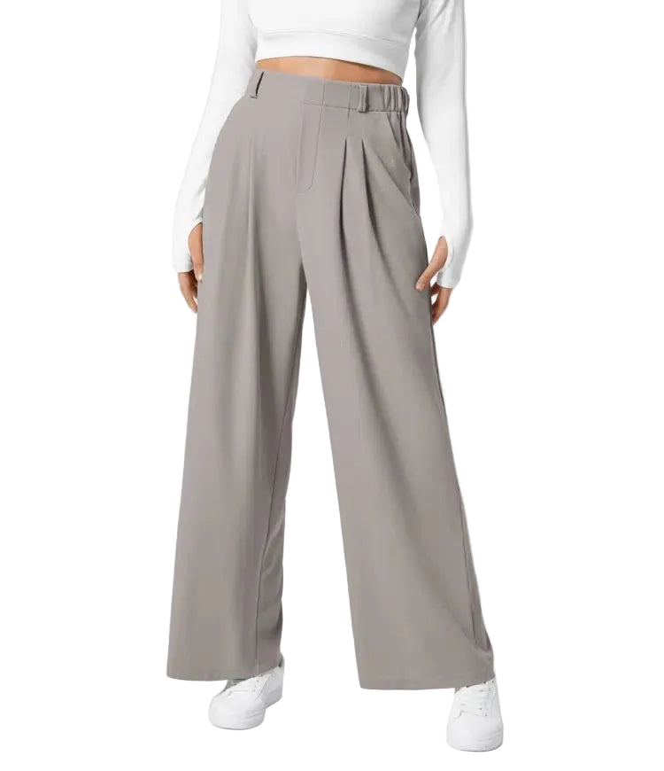 Pantalon plaid femme taille haute – coupe large effet minceur avec poches, style casual