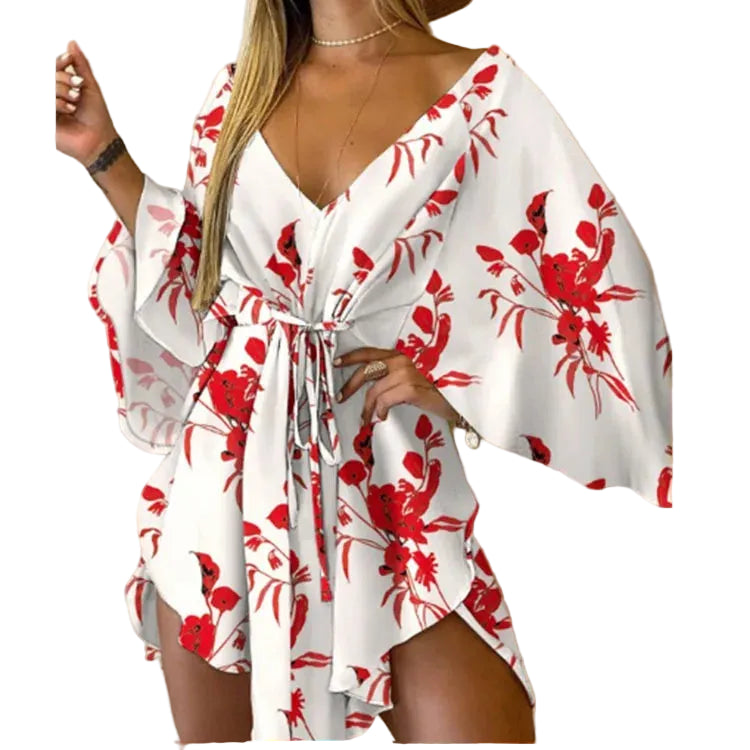 Mini Robe Bohème Fleurie Col V – Été Femme, Style Plage