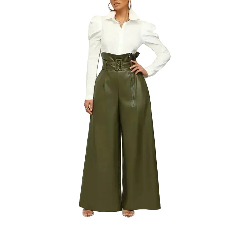 Pantalon taille haute en cuir PU pour femme – coupe large streetwear décontractée