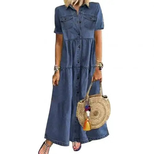Robe longue en denim style rétro chic à boutons et coupe fluide