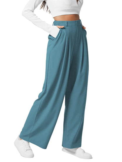 Pantalon plaid femme taille haute – coupe large effet minceur avec poches, style casual