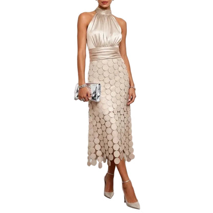 Robe Longue Satinée Femme – Col Rond et Style Élégant