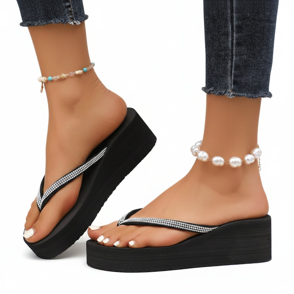 Sandales à talon compensé avec strass, sandales d'été