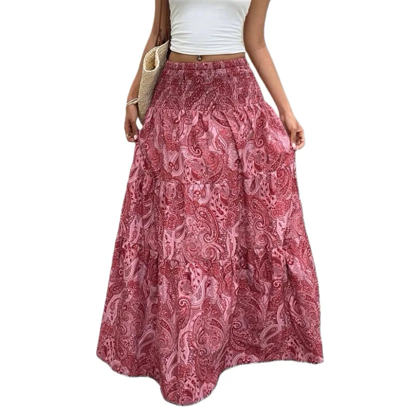 Jupe Longue Bohème Imprimée Taille Haute – Coupe Trapèze Superposée