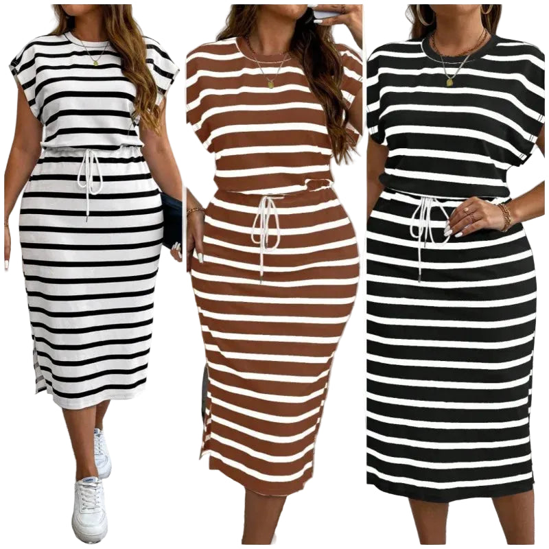 Robe Rayée Cintrée Grande Taille Col Rond – Élégante Été