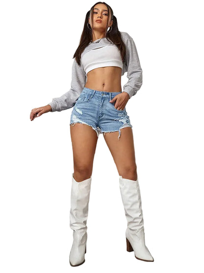 Short en jean déchiré taille haute pour femmes, coupe ample et lâche
