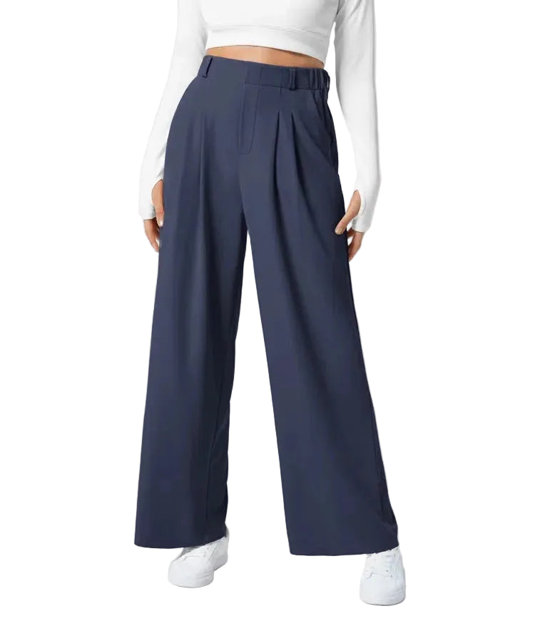 Pantalon plaid femme taille haute – coupe large effet minceur avec poches, style casual