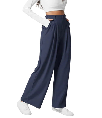 Pantalon plaid femme taille haute – coupe large effet minceur avec poches, style casual