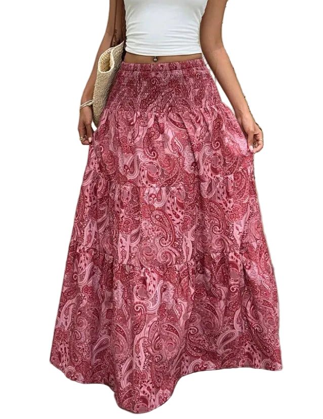 Jupe Longue Bohème Imprimée Taille Haute – Coupe Trapèze Superposée