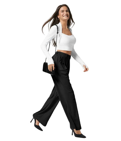 Pantalon plaid femme taille haute – coupe large effet minceur avec poches, style casual
