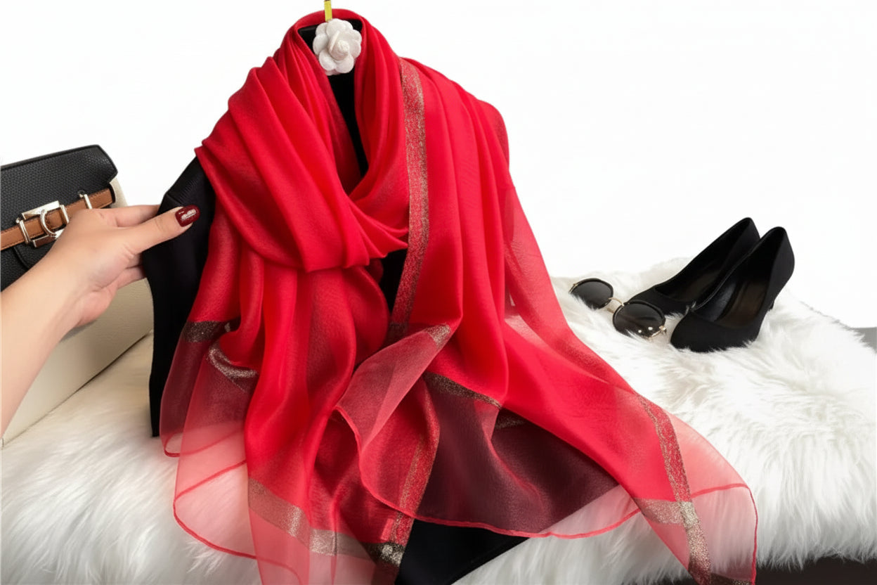 Echarpe de luxe en soie Organza élégant couleur unie