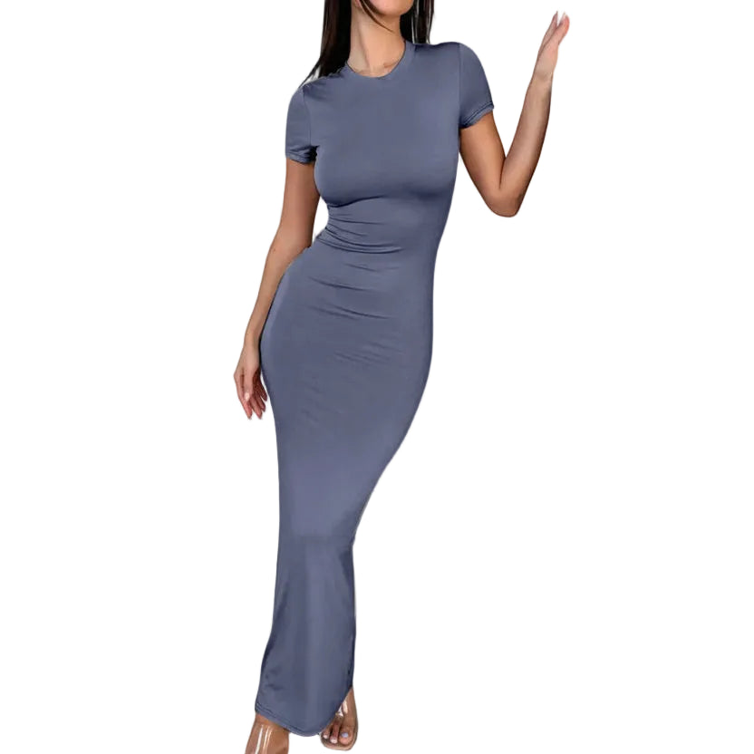 Robe Moulante Femme Col Rond Manches Courtes – Robe Sexy Mode Élégante