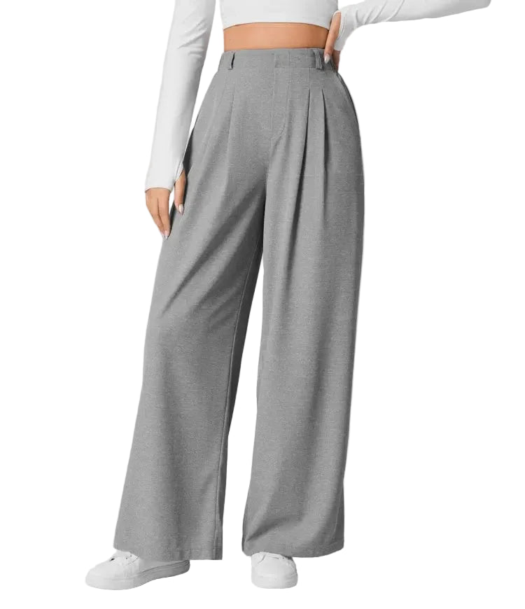 Pantalon plaid femme taille haute – coupe large effet minceur avec poches, style casual