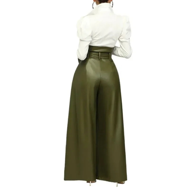 Pantalon taille haute en cuir PU pour femme – coupe large streetwear décontractée