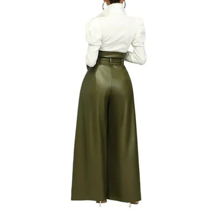 Pantalon taille haute en cuir PU pour femme – coupe large streetwear décontractée