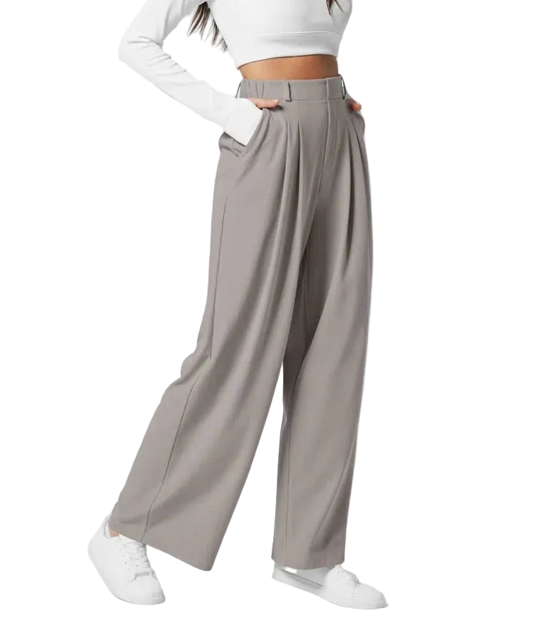 Pantalon plaid femme taille haute – coupe large effet minceur avec poches, style casual