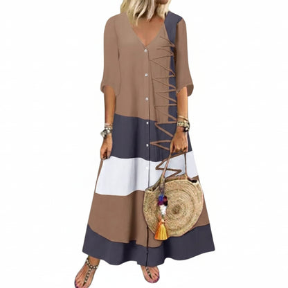 Robe Longue Vintage Femme Col V Manches Courtes – Look Élégant et Rétro Chic