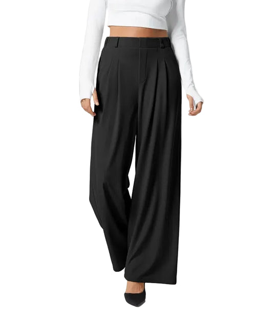 Pantalon plaid femme taille haute – coupe large effet minceur avec poches, style casual