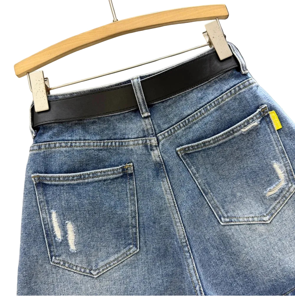 Jupe-short en jean déchiré taille haute pour femme – Denim slim style streetwear