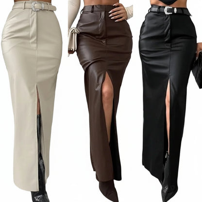Jupe Longue en Cuir PU Taille Haute Femme – Style Slim Monochrome Élégant