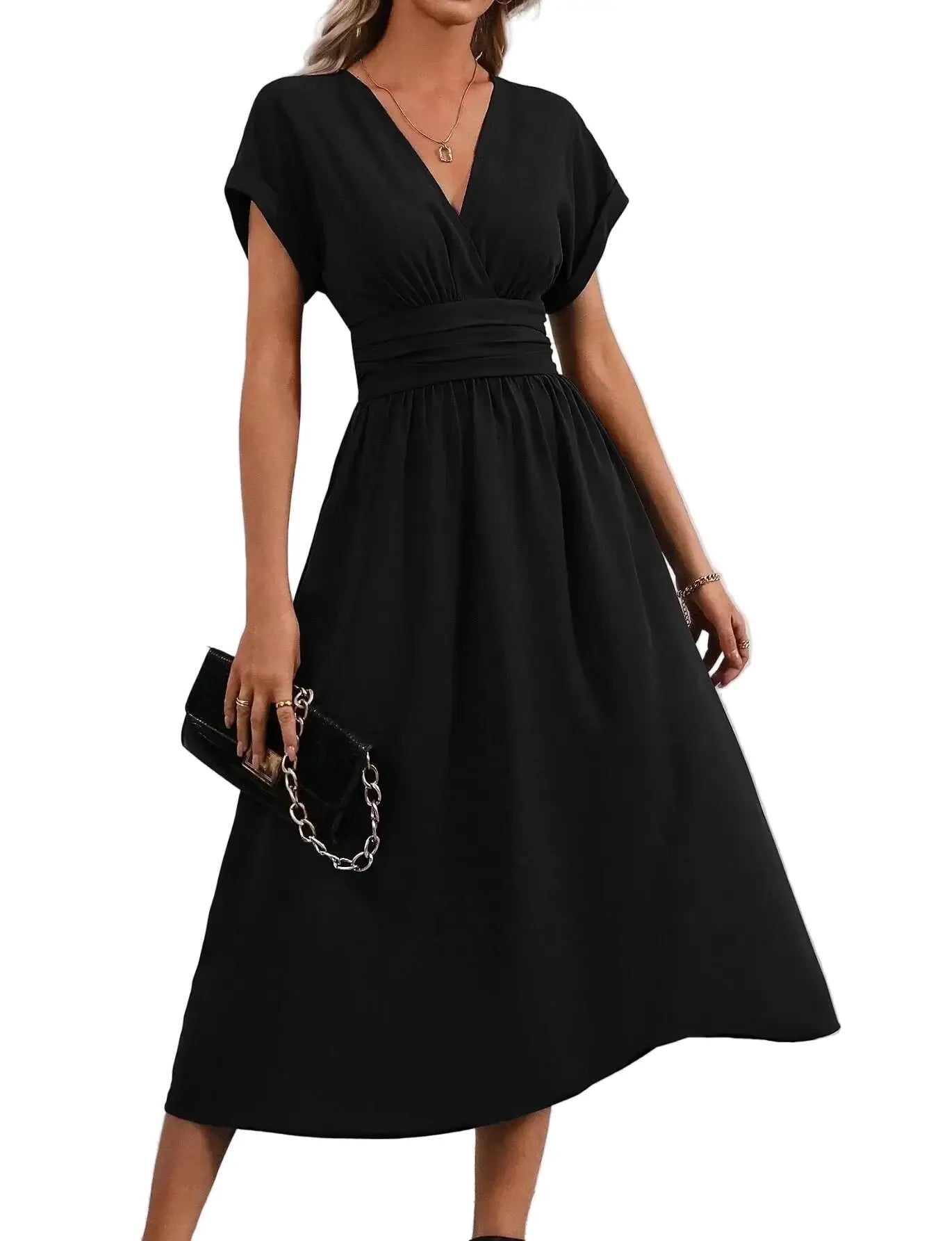 Robe Élégance Plissée Longue Manches Chauve-Souris pour Femme