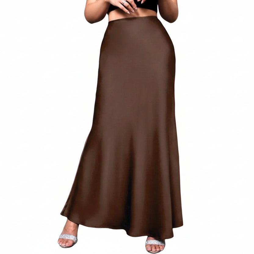 Jupe Midi Trapèze en Satin Effet Soie – Taille Haute Queue de Sirène Femme