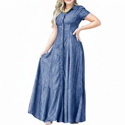 Robe en jean élégante pour femme avec ourlet à volants et poches plaquées
