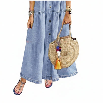 Robe longue en denim style rétro chic à boutons et coupe fluide