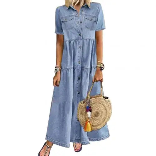 Robe longue en denim style rétro chic à boutons et coupe fluide